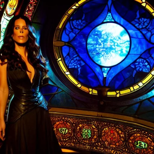 art by Alfons Mucha, stained glass motif, whole body image of beautiful Kate Beckinsale as Yennefer the Sorceress from The Witcher in a mystical enchanted forest opening a portal to another world, HD 4K, sharp detail, photo-realistic accurate face and features, cinematic lighting, award winning imagery