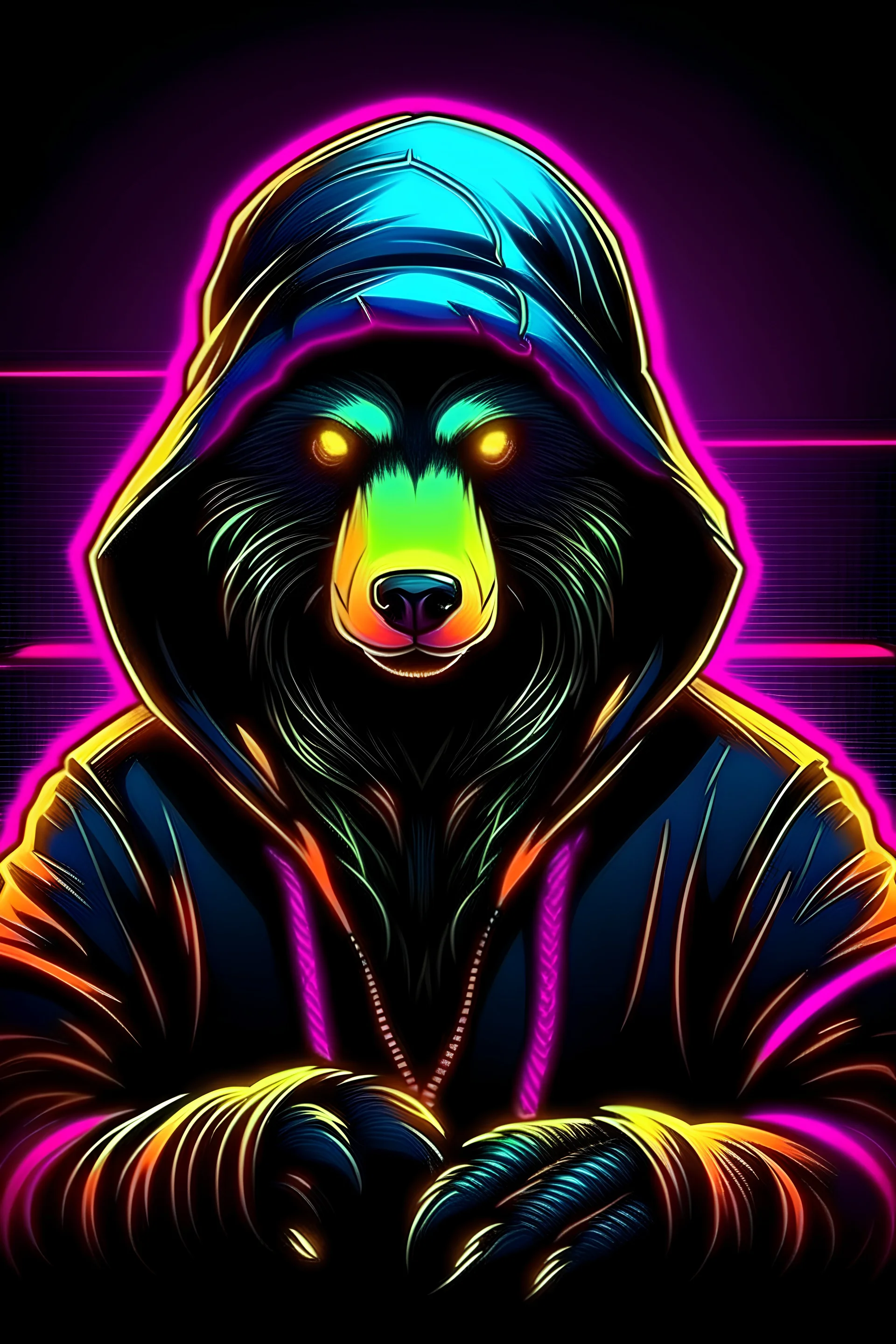 neon background cyber punk hacker honey badger wearing a black hoodie