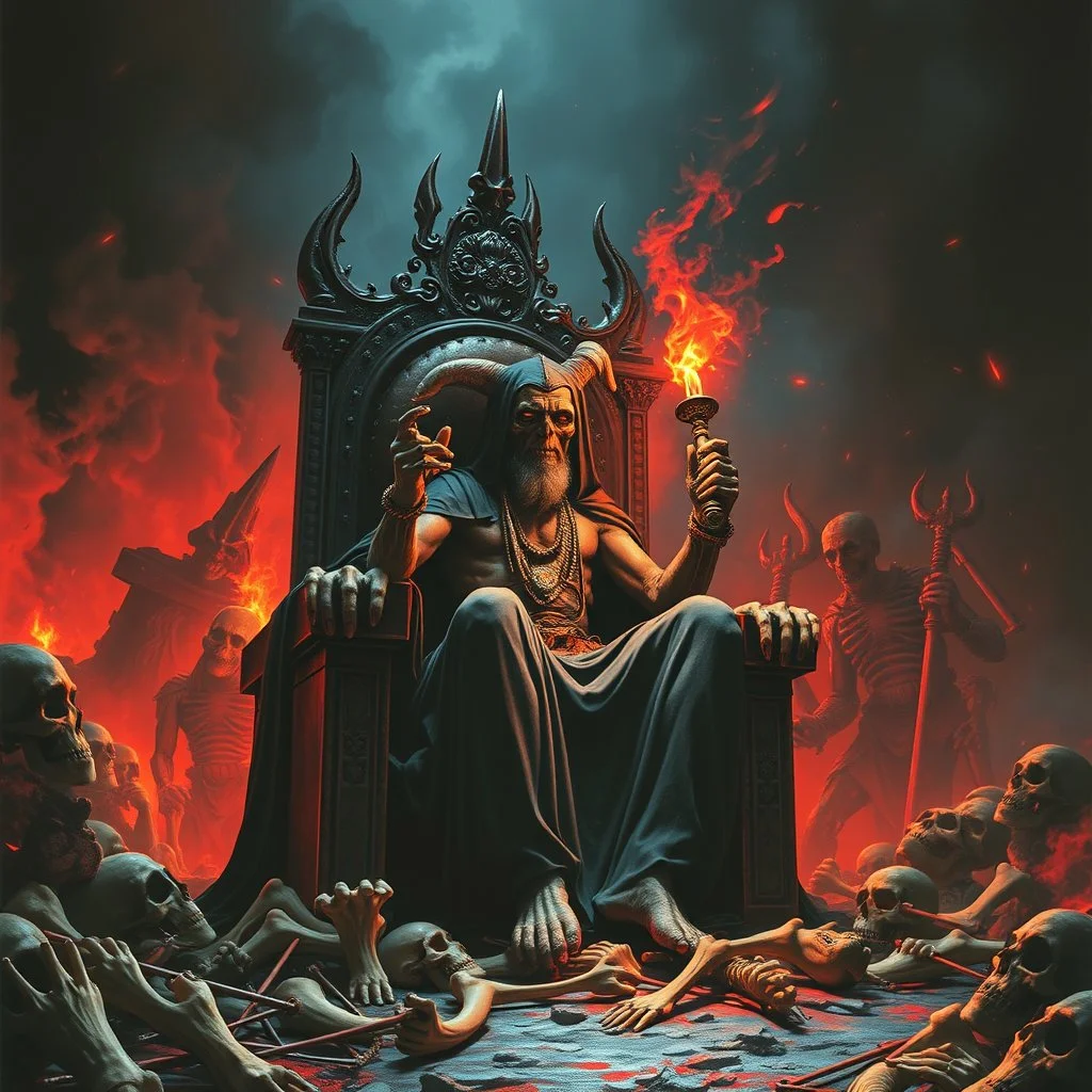 Obese colicky Mamman sitting on a throne of bones in hell, heavy metal magazine art, by Wes Benscoter, by Hieronymus Bosch, by VS Gaitonde, horror poster, mephitic, cinematic lighting, epic masterpiece, colorful 70's horror aesthetic