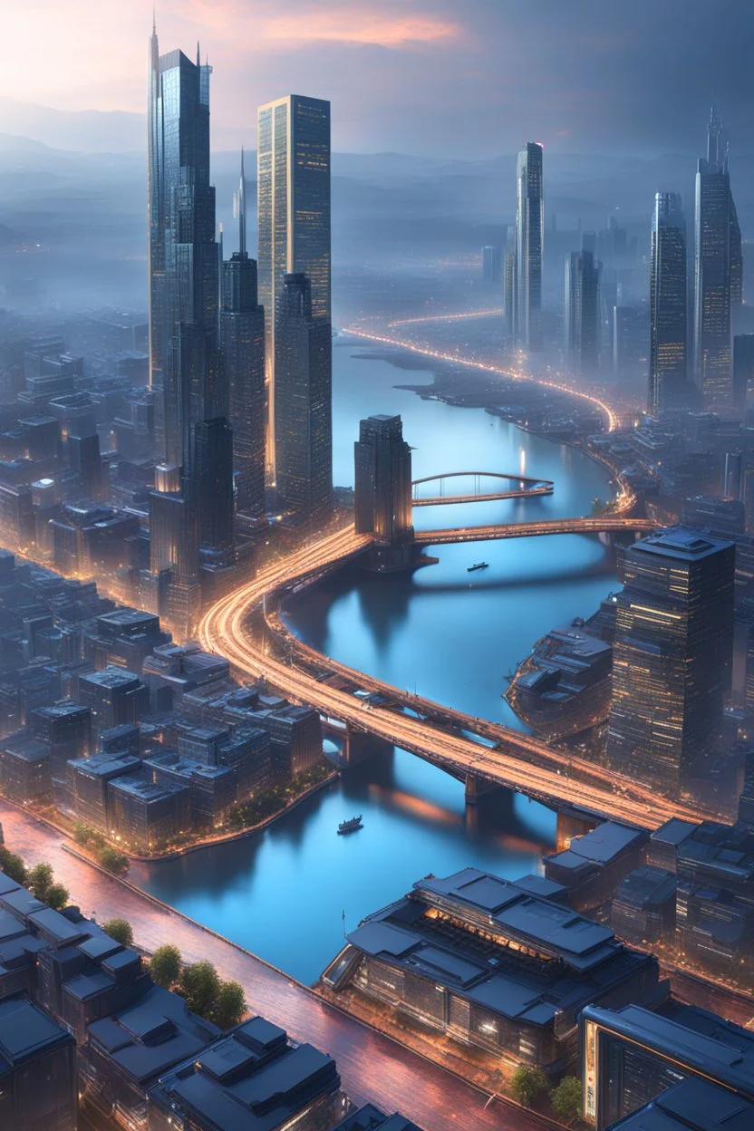 a large river in a modern city world, large buildings, cyberpunk style