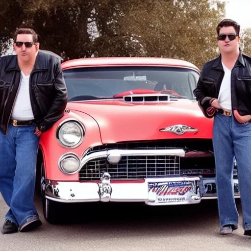 a 50s Greaser BAND standing in front of a hot rod