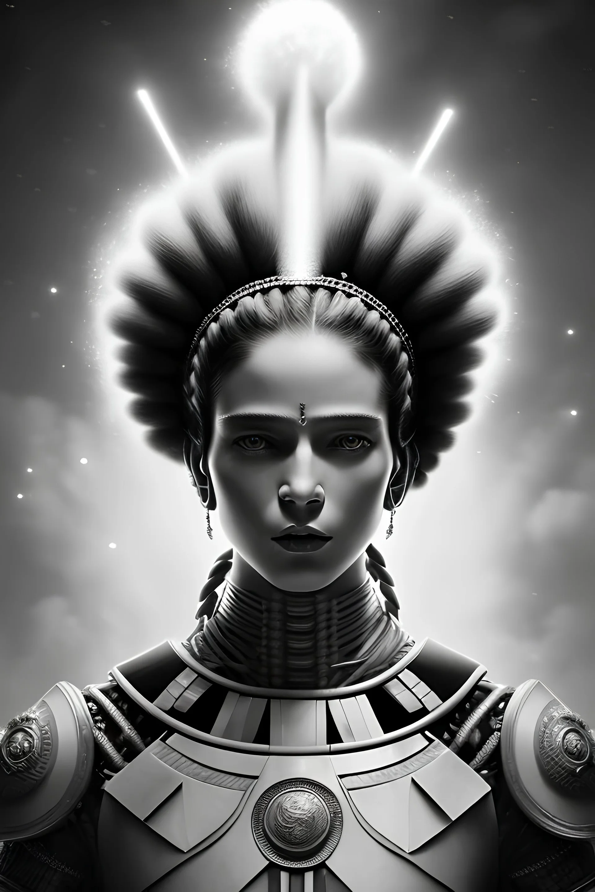 Painting of a White men with an afro hair cut, with laser eyes, perfect angle, antic grec pose, Black and white background, very detailed, high quality, very intricate, 8k, hdr, octane effect, frida khalo style