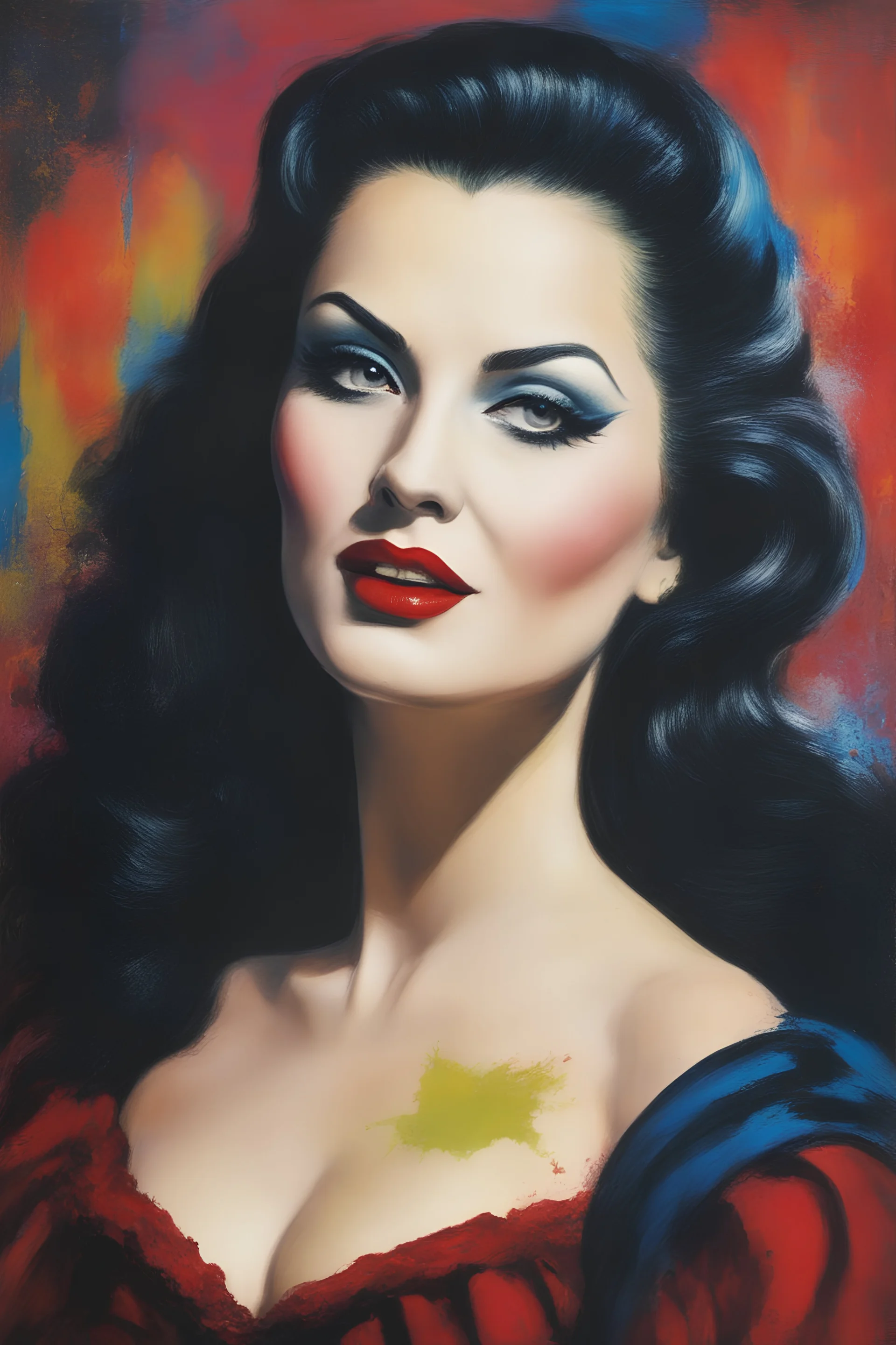 Yvonne De Carlo as Dracula - with a single white streak in her hair, extremely colorful, multicolored paint splattered wall in the background, oil painting by Leonardo da Vinci