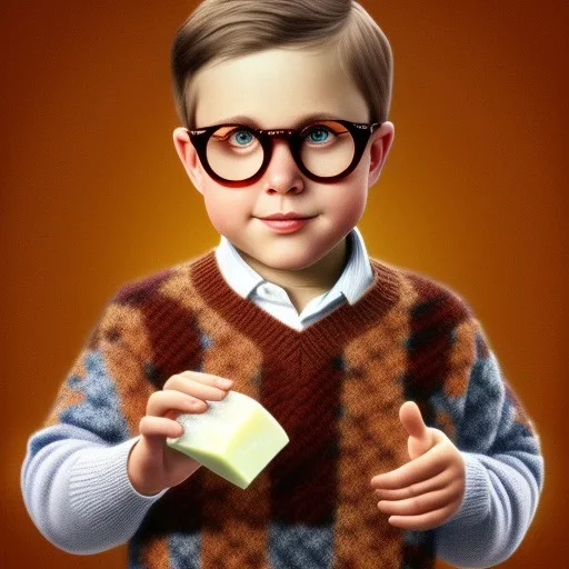 Peter billingsley chubby kid Tortoise-shell glasses, Holding a ((dark red bar Of soap)) in his hand, brown argyle sweater