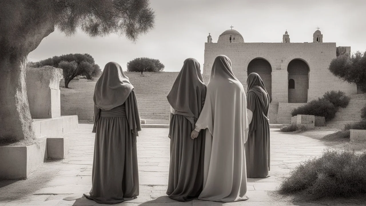 two women is a vision that stirs my soul, The Mount of Olives, with its ancient olive trees whispering tales of centuries past: In front of the hallowed sepulchre, two women standing in silent vigil. Their faces, etched with sorrow and resilience, mirror the timeless grief of the original Pietà, yet their presence speaks to a different narrative,