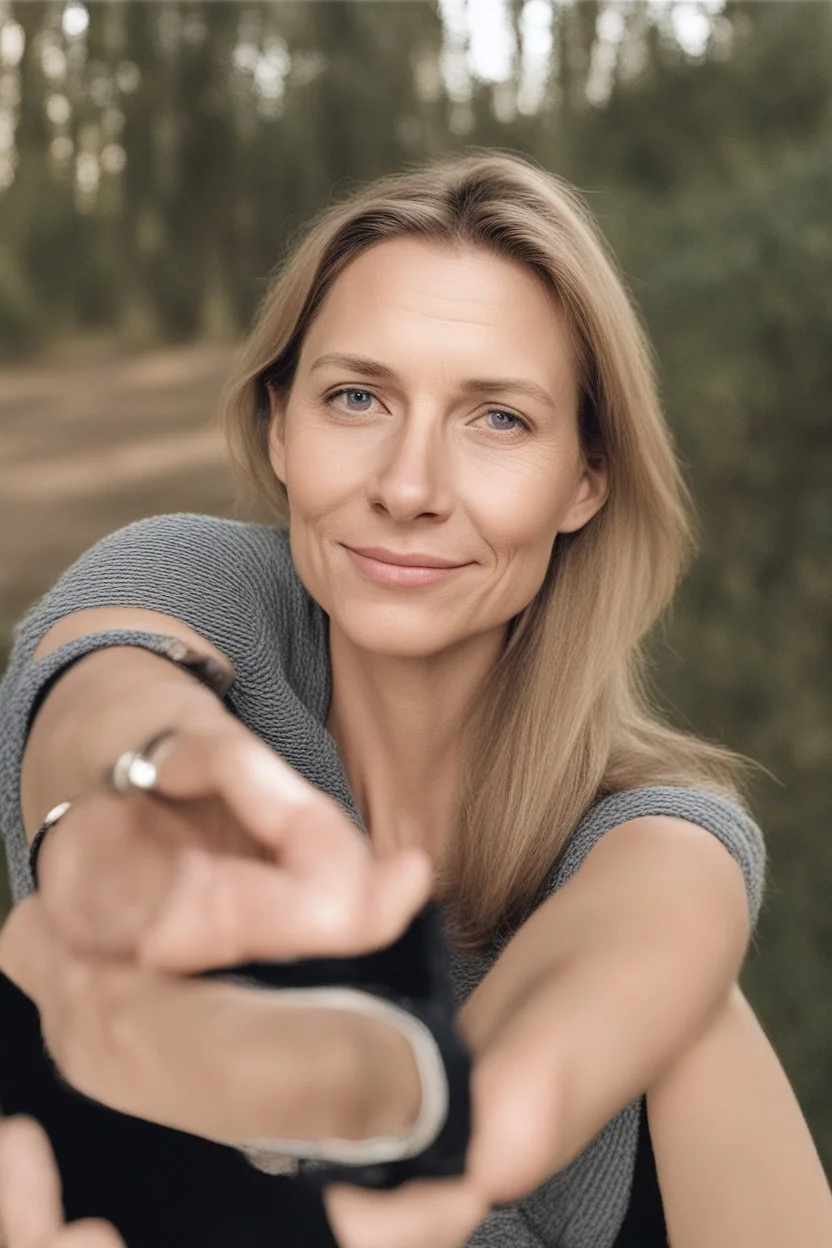 A selfie of a woman, middle blond hair, showing a 39-year-old European woman. She has brown hair, face without makeup, cute nose, detailed full lips, skin texture. Natural lighting and low contrast