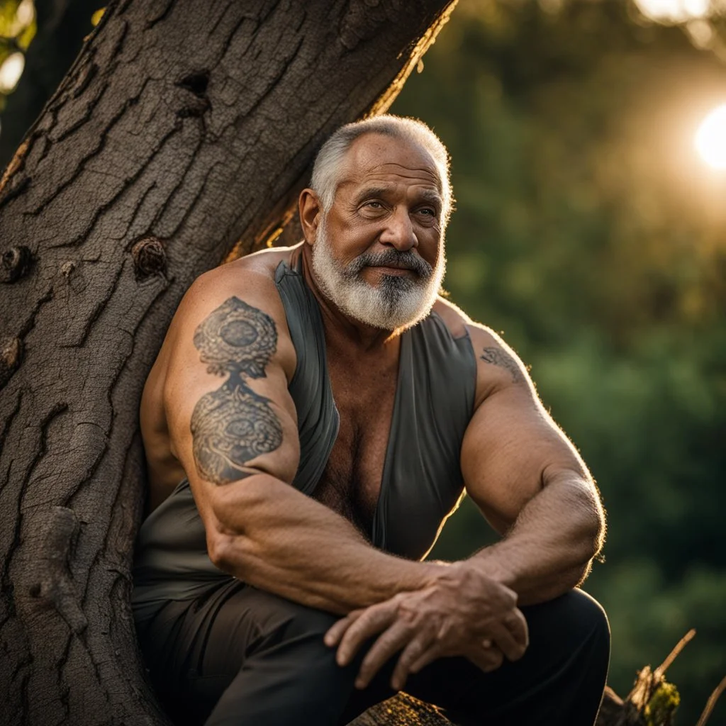 close up photography of a marocan 61 years old seated on a tree trunk in the wood, burly chubby muscular , big shoulders, manly chest, bulging hunter trouser , shirtless, hairy , golden hour, tatoo, 35mm lens, f/1.8, accent lighting, global illumination, frontal view from the ground