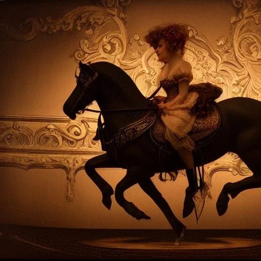 beautiful woman sitting on ultra-detailed carousel horse, 1800s, chiaroscuro lighting , 8k UHD, matte painting, illustration, renaissance, artwork, high-quality, intricate detail, dark circus, night circus, creepy, rocco, greg rutowski, howard lyon, alphonse mucha