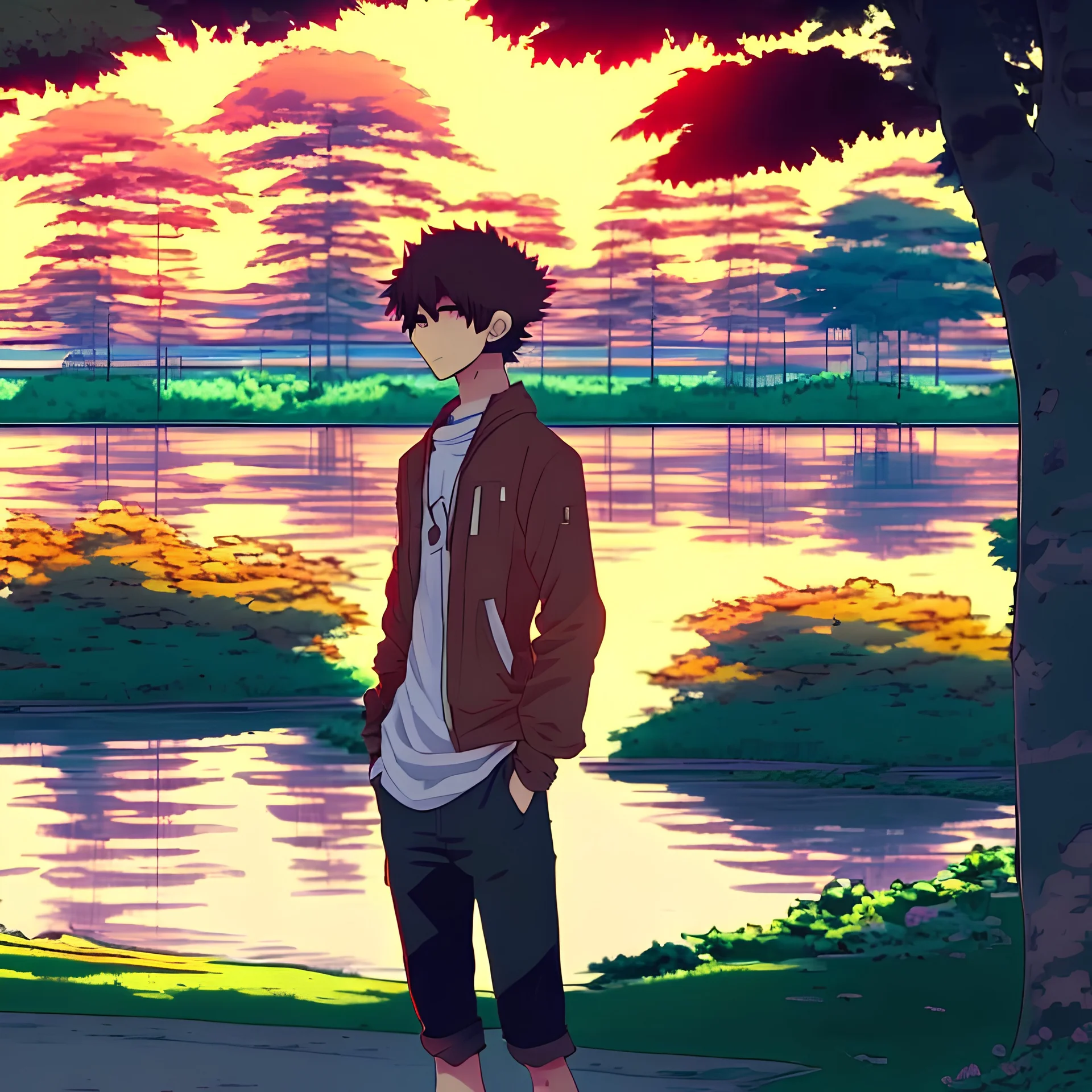 In the anime, a young male character is near the green lake in the sunset afternoon.