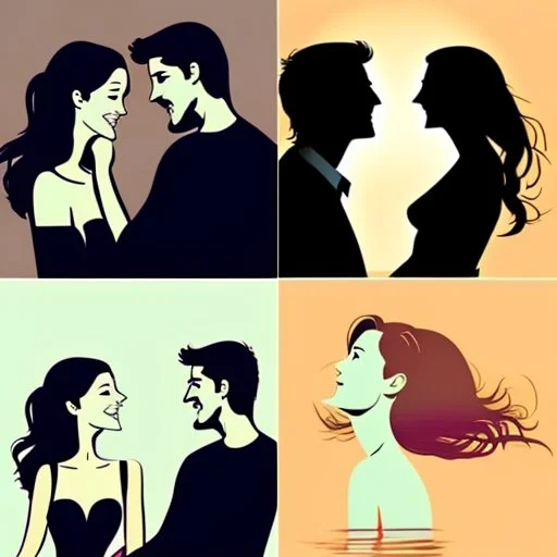 Four pictures of two people (a man and a woman) who will be very happy because of each other.