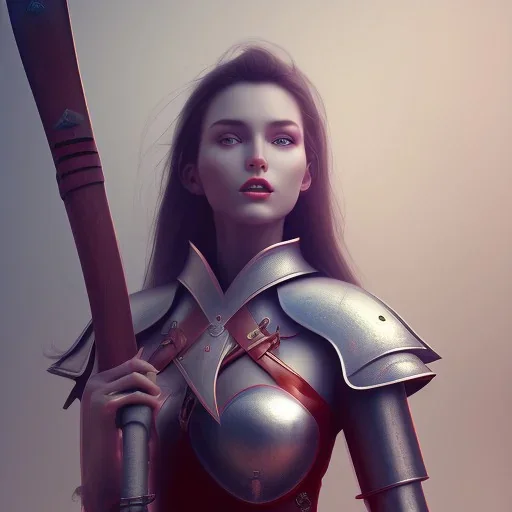 worrior woman with axe, wearing armor, blue lighting sky, red armor, realistc 3d render --test --creative