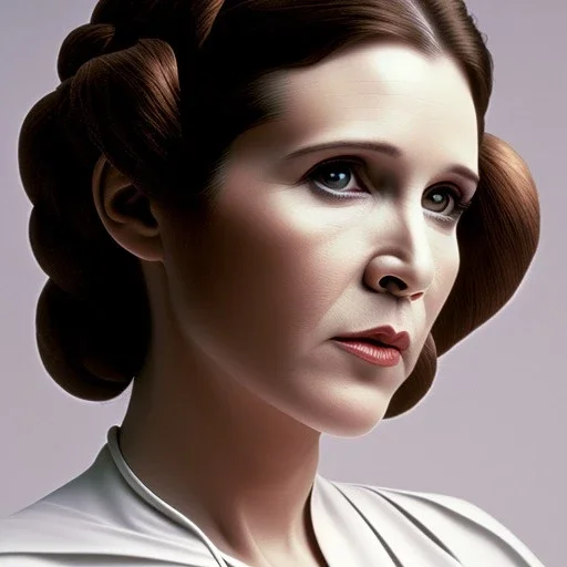 half-length color portrait, three-quarter face pose of carrie fisher as Princess Leia with photo realistic fine and very simple short hair, entrancing deep brown eyes, Nikon D850,ef 85mm 5.6, Intricate, High Detail, Sharp focus, realism, beautiful and detailed lighting, by Annie Leibovitz