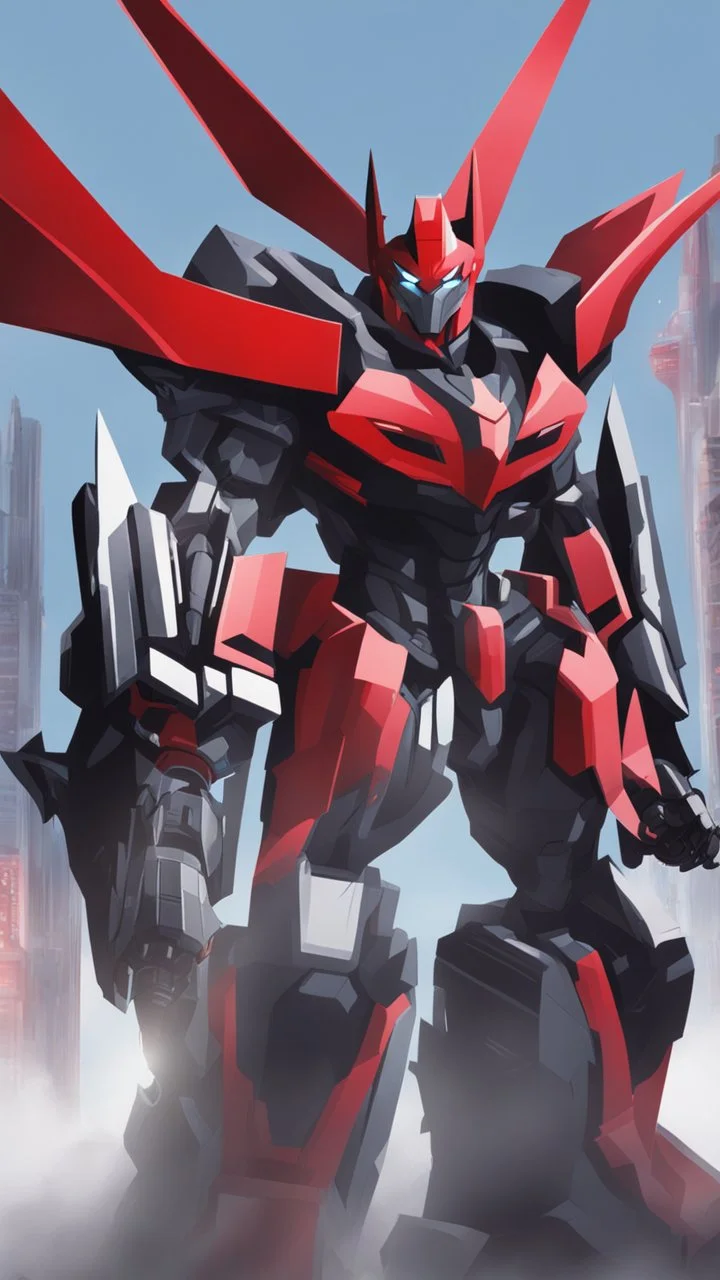 A close picture to Mix between transformers and batman in solo leveling shadow art style with red details detailsis in fantasy world