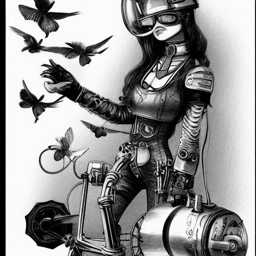 great illustrator, spanish, pencil sketch of a cute girl, beautiful, steampunk syle, black and white. Helmet with tubes. glasses. Machinery in the background. robotic bird flying. High details.