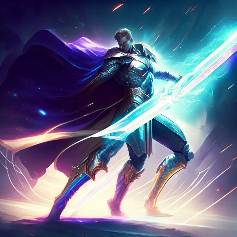 A legendary and wonderful long sword with in hand,A superhero man with infinite power and technology from the galactic race