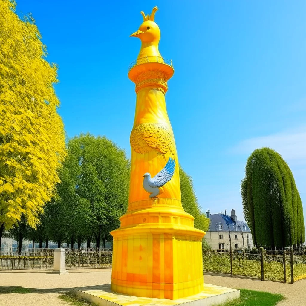 A yellow shining tower with a dove statue designed in painted by Georges Seurat