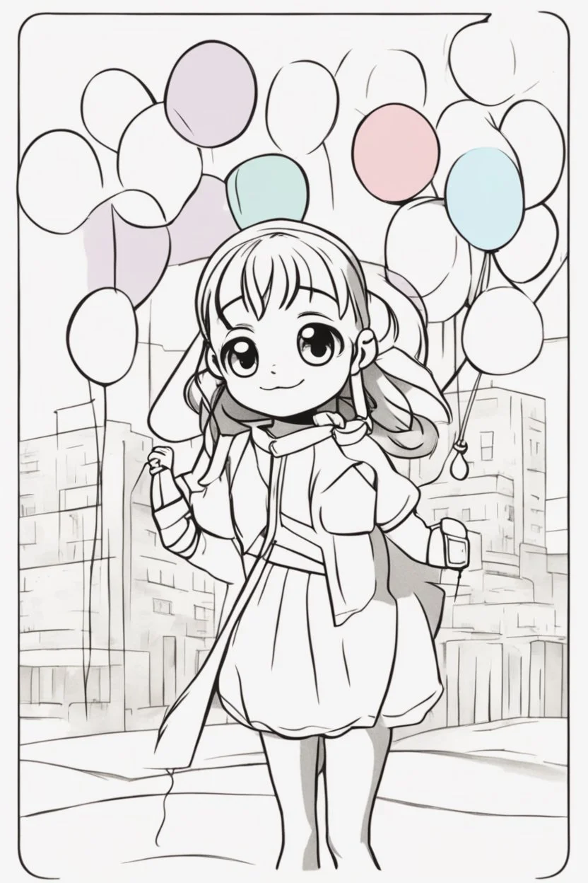 A round-faced little girl happily holding a bunch of colorful balloons. Circles can be used to depict the balloons, her eyes, and the sun in the background. very happy , Colloring page for todlliers ; basic hawali style cartoon , black and white , ink outlines , , smooth , anime style , minimalist , cute eyes , full body , white shose , sketchbook , realistic sketch , free lines , on paper , character sheet , clean line art high detailed