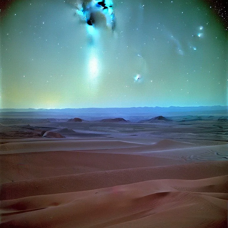 Sky and galaxies over a desert, astrophotography, surreal, Max Ernst