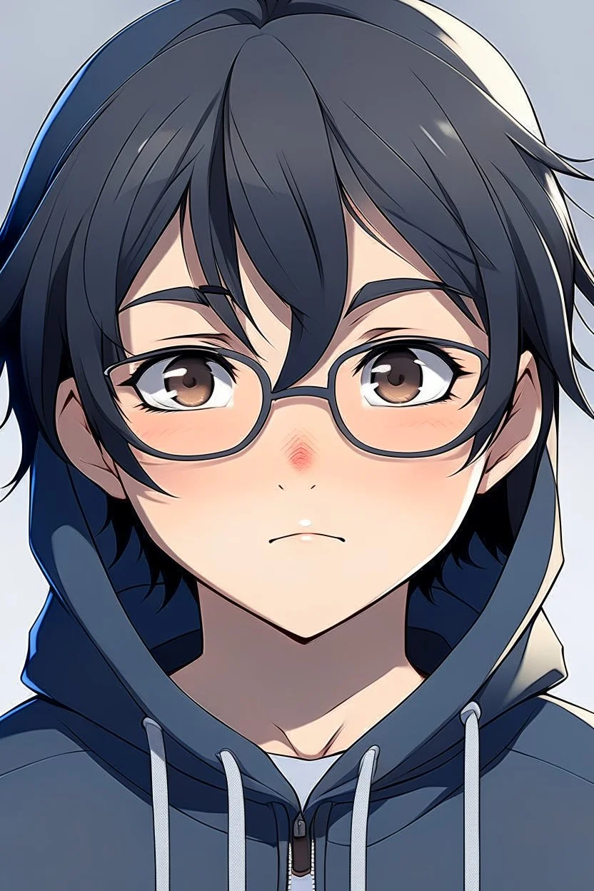 An anime boy with glasses, fluffy black hair, wearing a hoodie