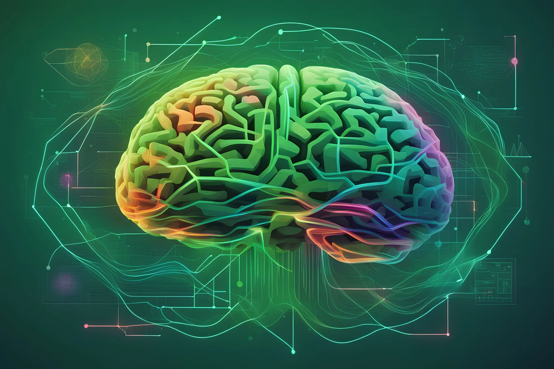 a stylized brain morphing into geometric shapes, intertwined with graphs depicting data flow, against a backdrop of vibrant green hues representing growth and sustainability