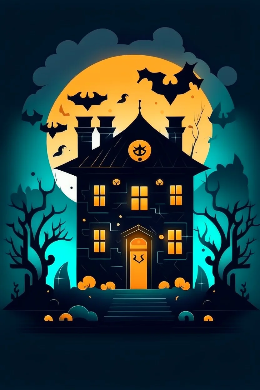 "Create an AI logo design for Halloween with a haunted twist. Picture a spooky house surrounded by eerie mist and moonlight. Add playful elements like ghostly figures, bats, and a jack-o'-lantern on the doorstep, capturing the essence of a ghostly Halloween night."