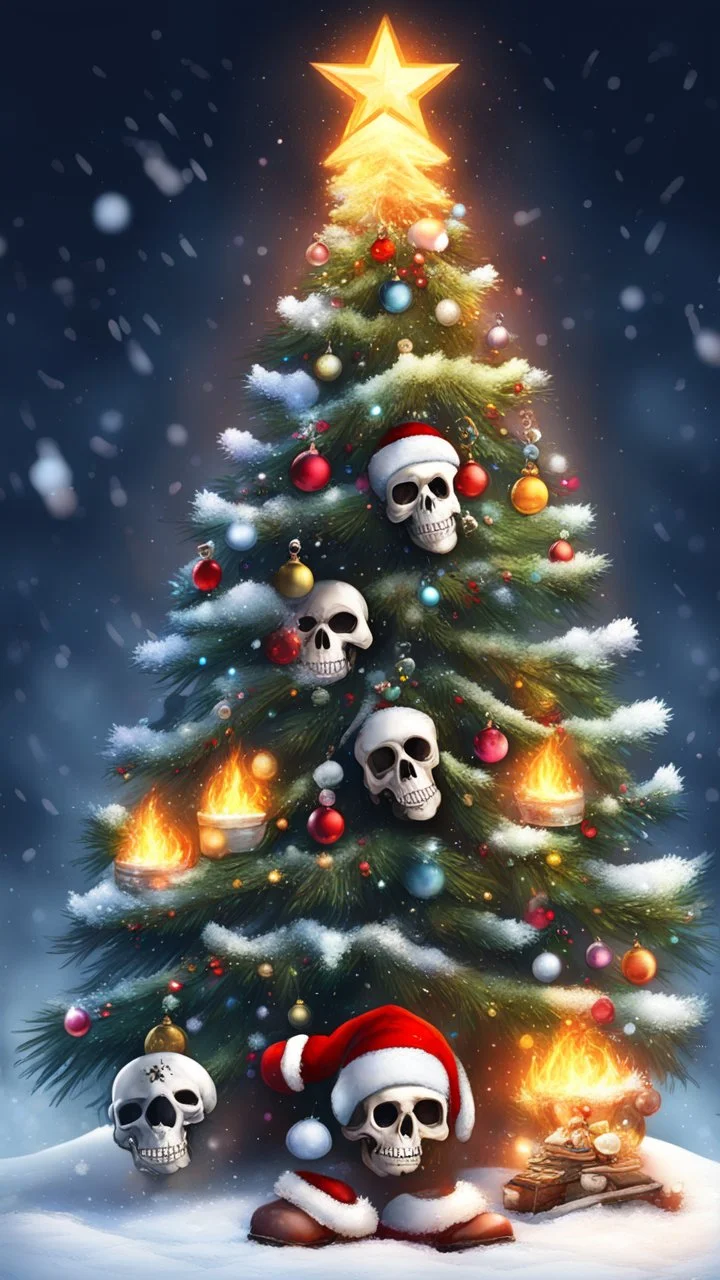 Christmas tree snow , Merry-x-mas decoration, tree, cartoon, Undertaker, fire and smog, Skull