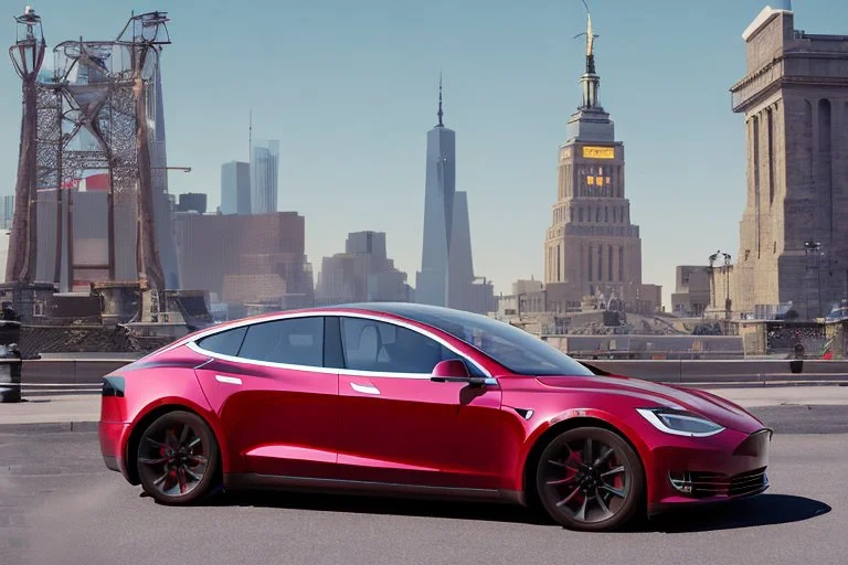 A Tesla 'Model S' is parked, near the 'Statue of Liberty' in New York. CINEMATIC. WIDE ANGLE LENS. PHOTO REAL.