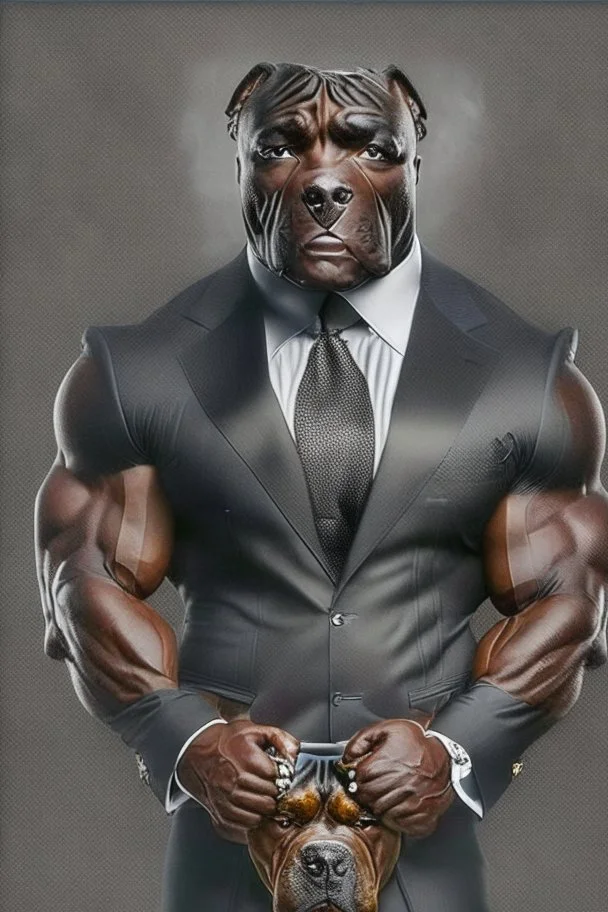 Bodybuilder Lee Haney with the face of a Rottweiler dog A dog's head instead of a person's head Only the player's body with a bulldog head on it He wears a luxurious black suit and holds a luxurious cigar The suit covers the body. In the mouth of the dog there is a luxurious cigar