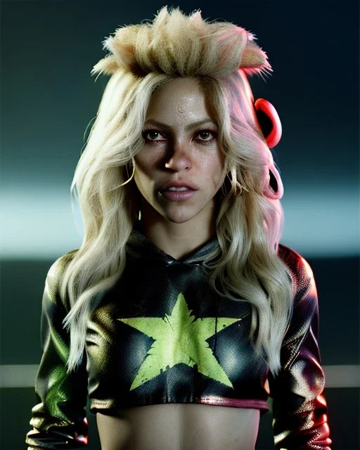 portrait, Shakira, blonde artist, angry, Realistic image, MMA robe, hoodie, mma gloves, loose long hair, fight pose, eyes, make-up, gold line make-up, moisture, sweat, fog, goddess, Neon colors, leds. Black background, photo studio, concept art, smooth, unreal engine 5, god lights, ray tracing, RTX, lumen lighting, ultra detail, volumetric lighting, 3d, finely drawn, high definition, 4k.