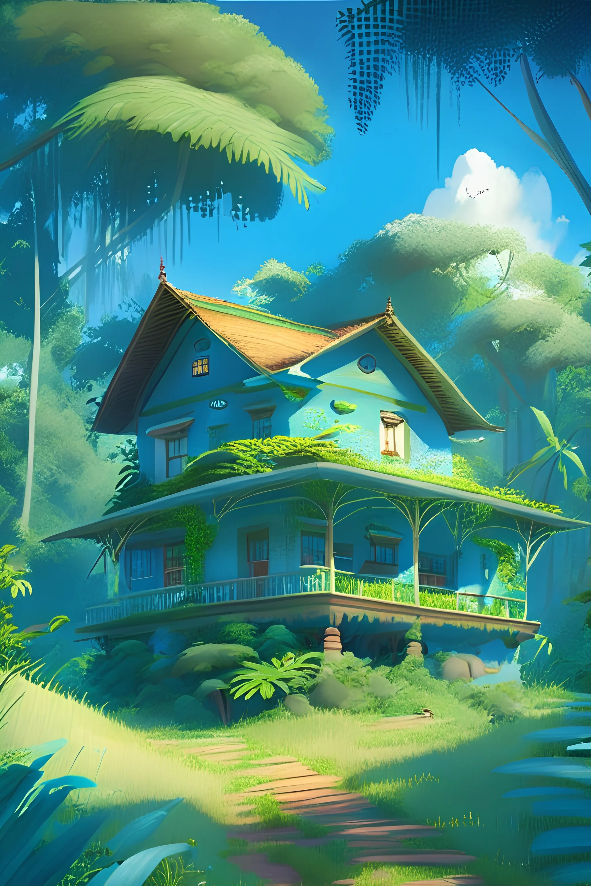 a home in green plain with woody borders with blue sky and near to jungle and be realy