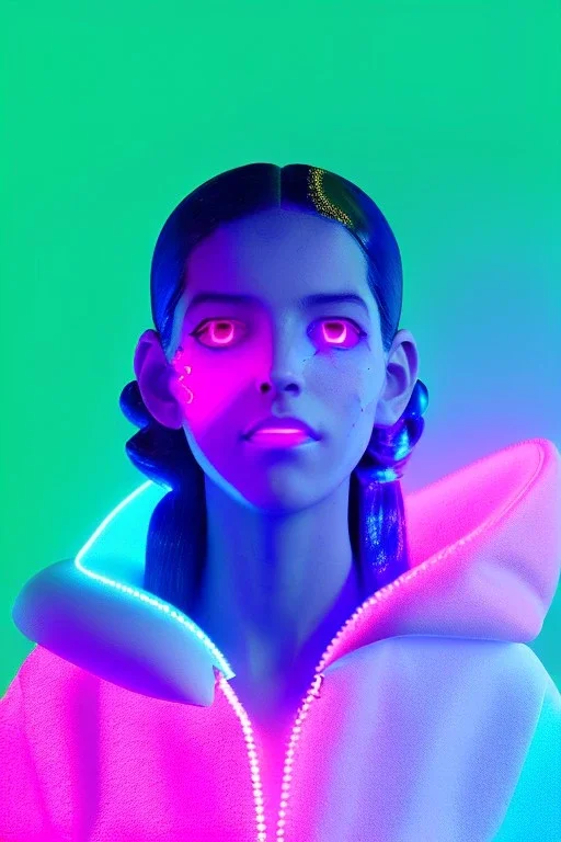 Rosalía, artist, 30 years old, Realistic image, waist up portrait. Eyes, glow, circle iris, eye liner. Hair, pigtails. make up, glow. lips, gold. big rings piercing, led ornament, pearls. Coat, smile pin, inflatable latex, cold, led lights, minimal, neon, pink, blue, gold, vibrant color, highly detailed, art stations, concept art, smooth, unreal engine 5, god lights, ray tracing, RTX, lumen lighting, ultra detail, volumetric lighting, 3d, finely drawn, high definition, 4k.