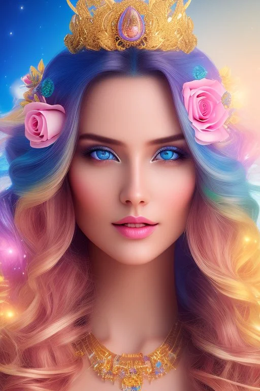 Beautyful smiling young woman, long hair amazing blue eyes, flowers, happy cosmic, bright colors, blue, pink, gold, jewels, realistic, photo real, clear sunny background, highly detailed, high contrast, 8k high definition, unreal engine 5, extremely sharp detail, light effect, sunny light backgroundgold, jewels, realistic, photo real, clear sunny background, highly detailed, high contrast, 8k h