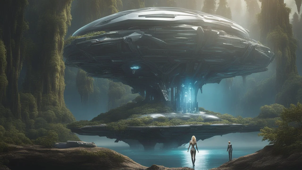 futuristic floating island suspended in the air, cities, fantasy, A woman with blond hair in a robotic silver catsuit, standing on the right of a partially submerged sleek crashed spaceship, on an alien beach, with towering alien trees, high details