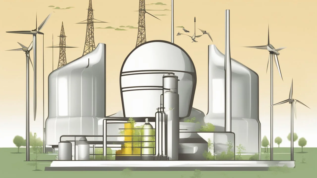 "The image illustrates the concept of nuclear energy and its environmental impact. It portrays a modern nuclear reactor alongside arrangements of solar panels, symbolizing the use of multiple sources for safe and sustainable energy generation. The image strikes a balance between technology and the environment, reflecting the complex content of the article and the influence of energy on the natural world."