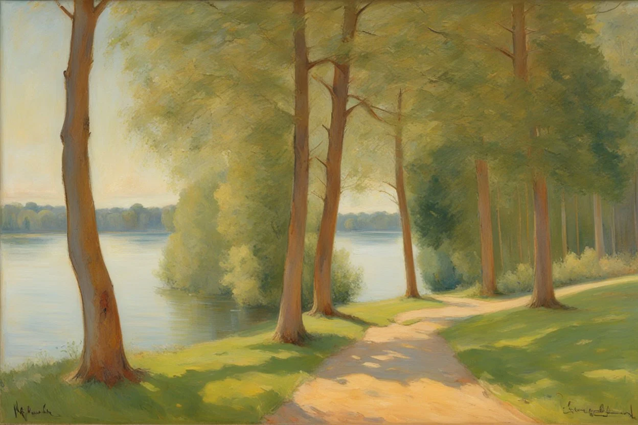 sunny day, lake, trees, friedrich eckenfelder and hans am ende impressionism paintings