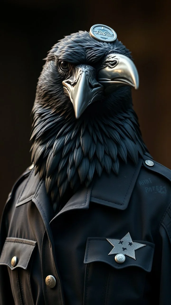 a crow wearing a black uniform, realistic , pro photography , high quality, and cinematic scene