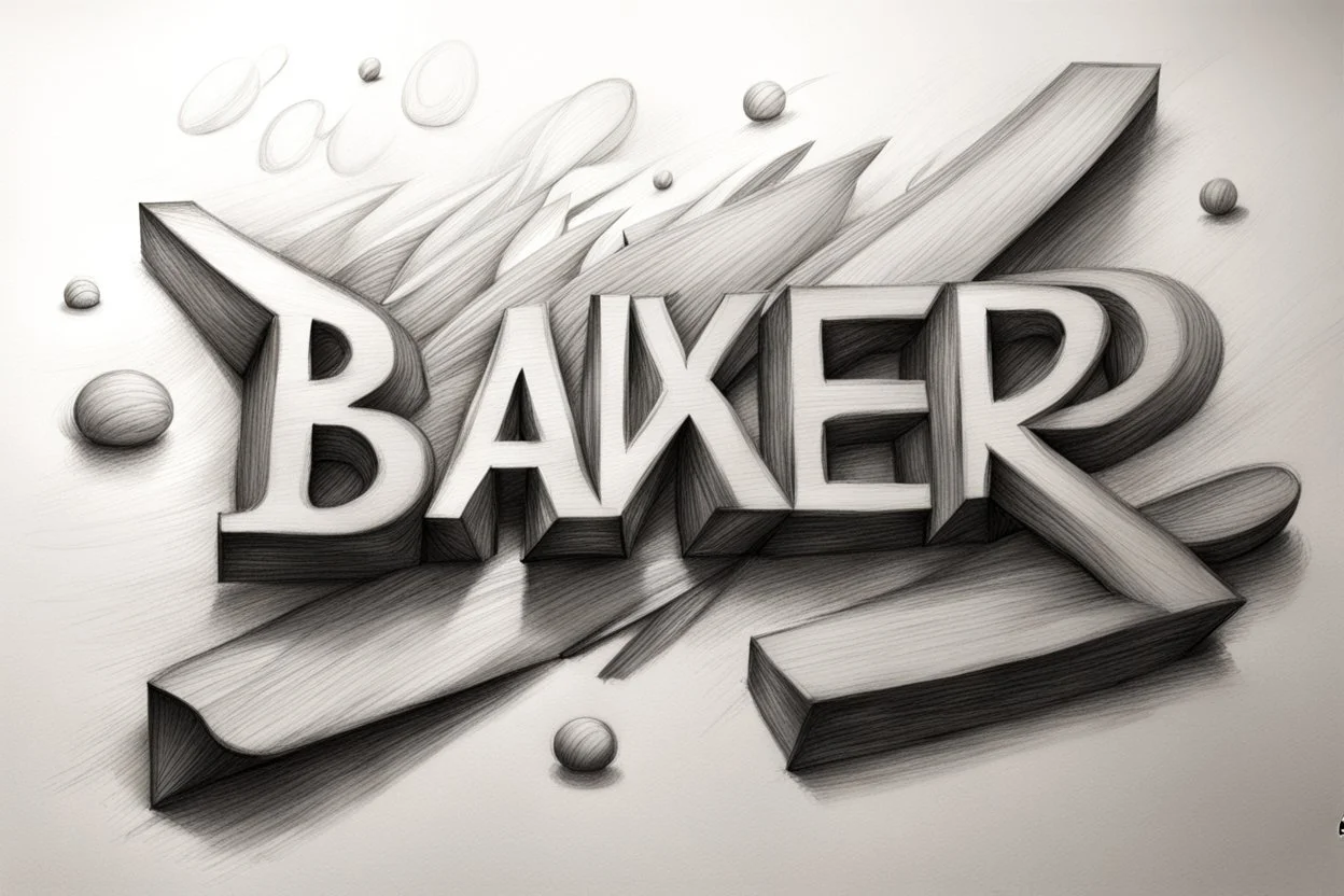 a drawing with sketch lead pencil, The word "BAXER" floating like a big sign, strong painting
