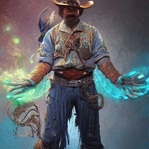 Insanely detailed photograph of an “ a mustachioed cowboy warrior "with worn Sombrero, handsome charo,cigar,glowing bluish green orb in outstretched hand, hyperdetailed painting by Ismail Inceoglu Huang Guangjian and Dan Witz CGSociety ZBrush Central fantasy art album cover art,8K, hdr, mysterious, flickeringlights ,Stoic