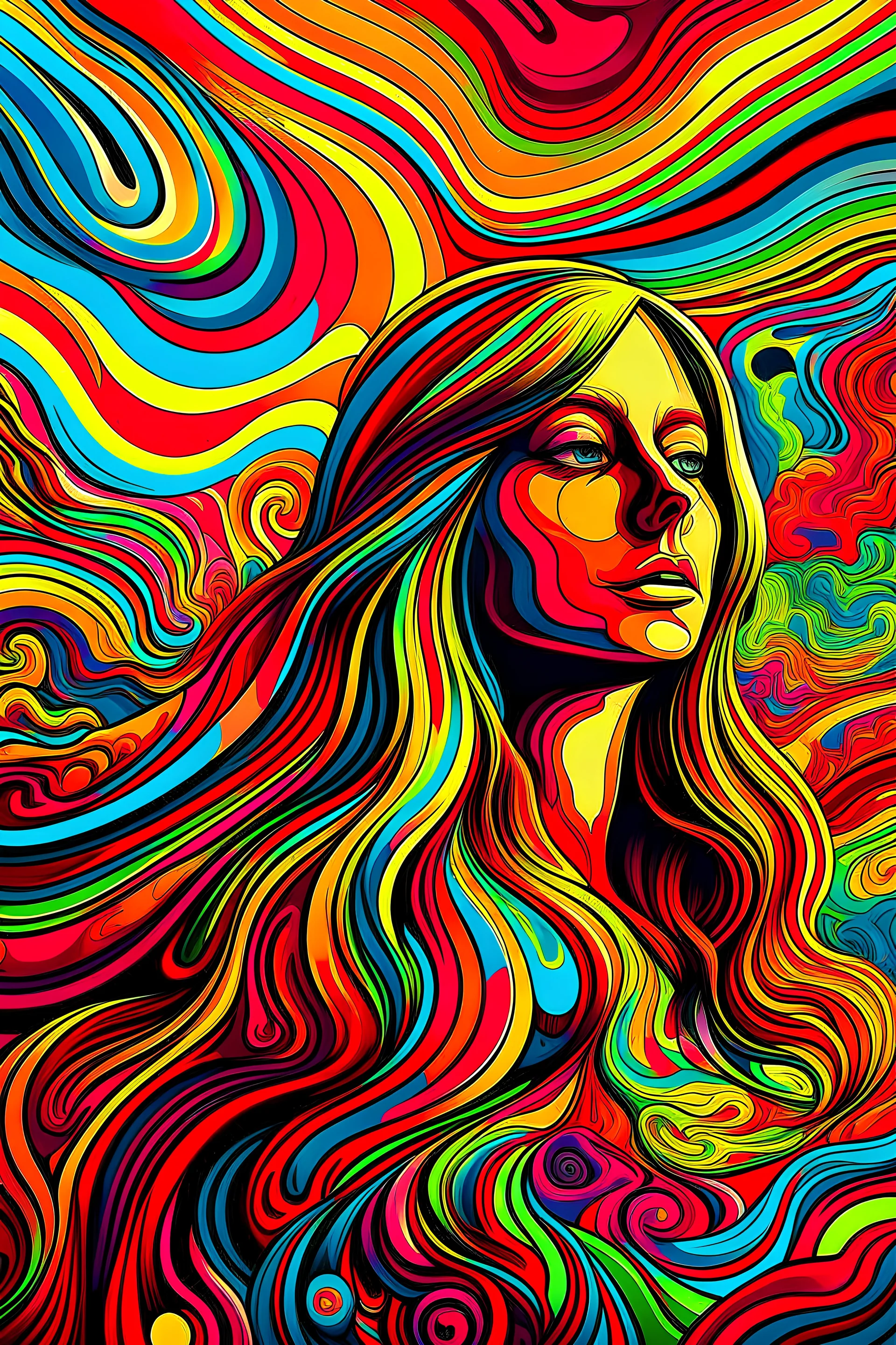 Generate a mesmerizing psychedelic art image featuring a woman as the central subject. Use vibrant, bold, and contrasting colors to create an intense and visually stimulating composition. The woman should be depicted with flowing, surrealistic features, as if her form is melting or morphing into abstract shapes. Her hair and clothing should have dynamic patterns and colors that blend seamlessly into the psychedelic background. Surround the woman with swirling patterns, fractals, and optical il