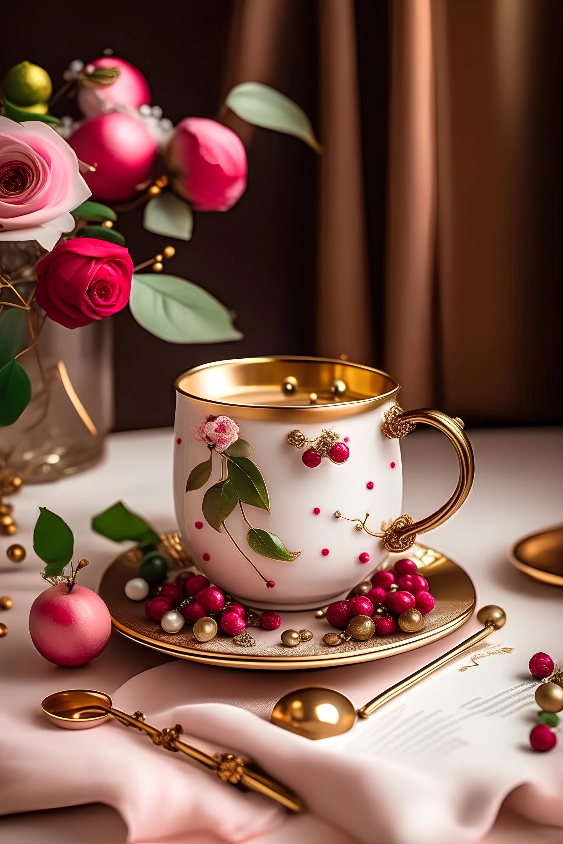 Soft pink roses, white Chinese peony, tiny apple blossom flowers, eucalyptus leaves, twigs of cranberries, twigs of copper pepper berries all arrangement into a cute beautiful flowers arrangement on a pink nickel mug. The mug is sitting on a thick white book with golden cover image design. Sunny, bright image. Ad copy, huge copy space on top of the image, negative space, hd, 8k, blurry dreamy background, beautiful pictures. Product