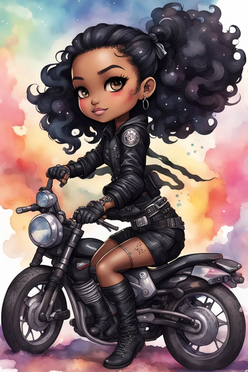 Create a watercolor illustration of a chibi cartoon full figure black female riding a sports motorcycle. She is wearing tie dye and black tights with biker boots. Prominent make up with log lashes and hazel eyes. Extremely highly detailed black shiny wavy hair up in a messy bun. Background of smoke surrounding her and the bike and she's at a bike show.