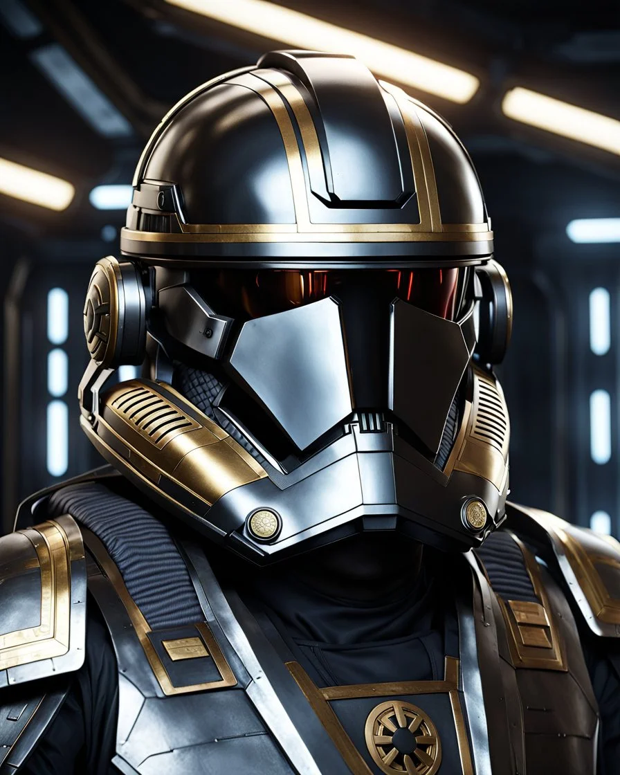 star wars bald male corellian pilot wearing pearlescent black and gunmetal grey First Order special forces heavy assault stealth commando armor and helmet with gold trim inside the jedi temple, hyperdetailed, dynamic lighting, hyperdetailed background, 8k resolution, volumetric lighting, light skin, fully symmetric details