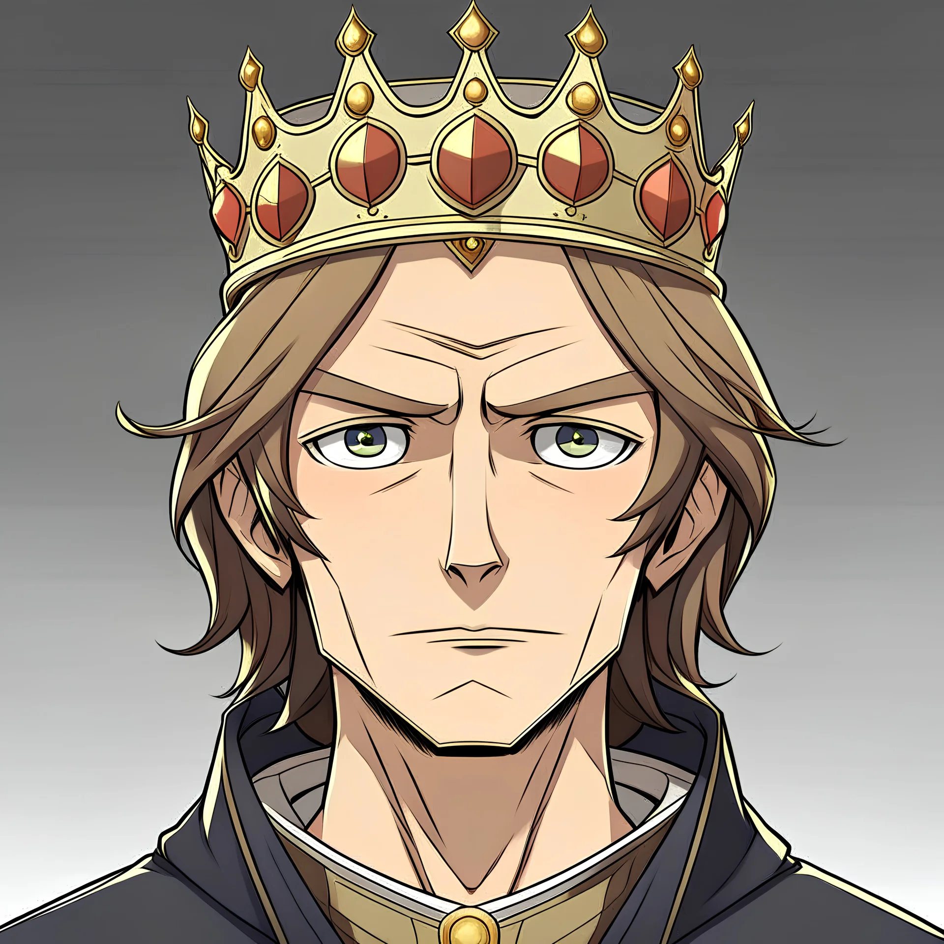 Brown haired middle age man, king crown, anime style, front facing, looking into the camera,