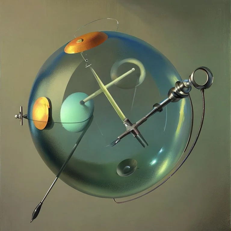 Soap Bubble including unverse-like complex surgical instruments mixed with musical instruments,Painting By Adrian Ghenie, Rene Magritte, Salvador Dali, Lucian Freud