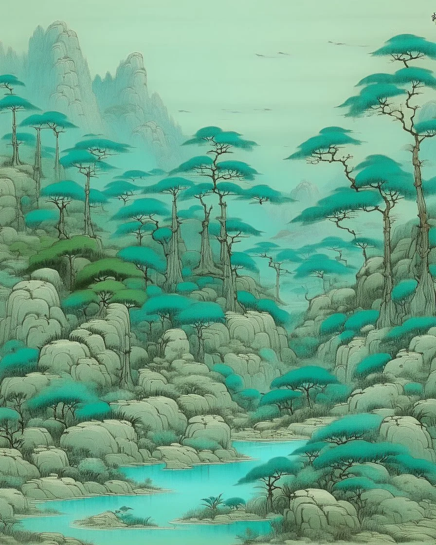 Cyan moorlands near hot springs painted by Qiu Ying