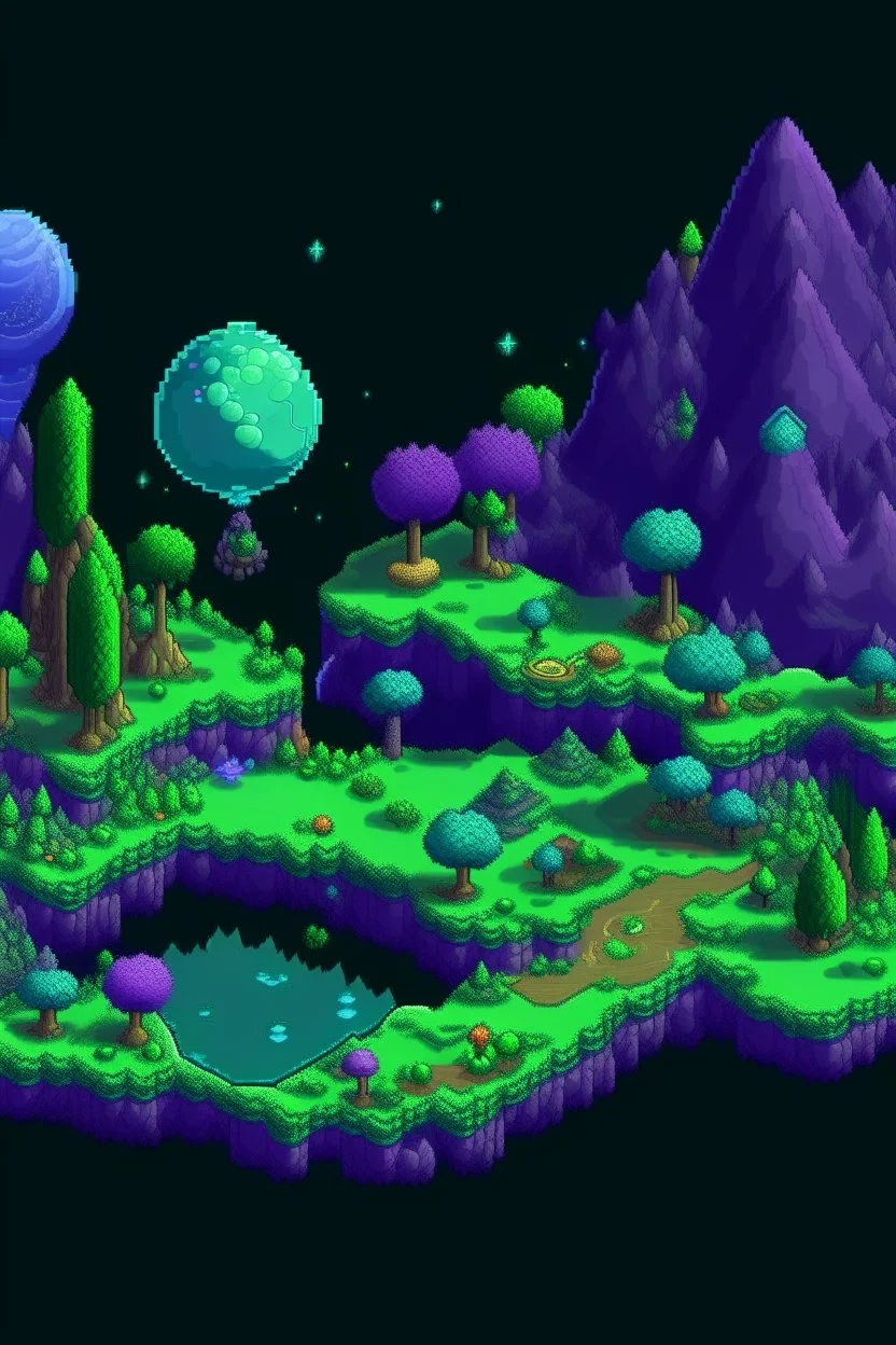 pixel art top down planet surface in 2d game, detailed level, mint green terrain, violet earth with plants and rocks, space trees with glowing fruits