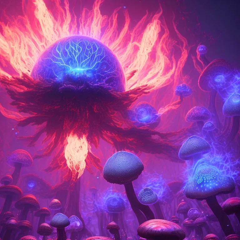 Spherical Frost metal magic armoured pink lightning Mycelium giant blob red MUSHROOM flower BURNING IN BLUE FLAMES hellfire abyss stars SPACE lANDSCAPE