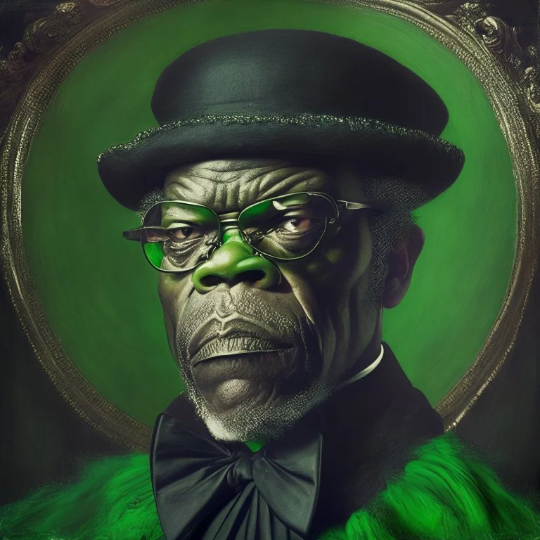 pintura barroca de samuel l jackson, con tintes oscuros verdes apagado