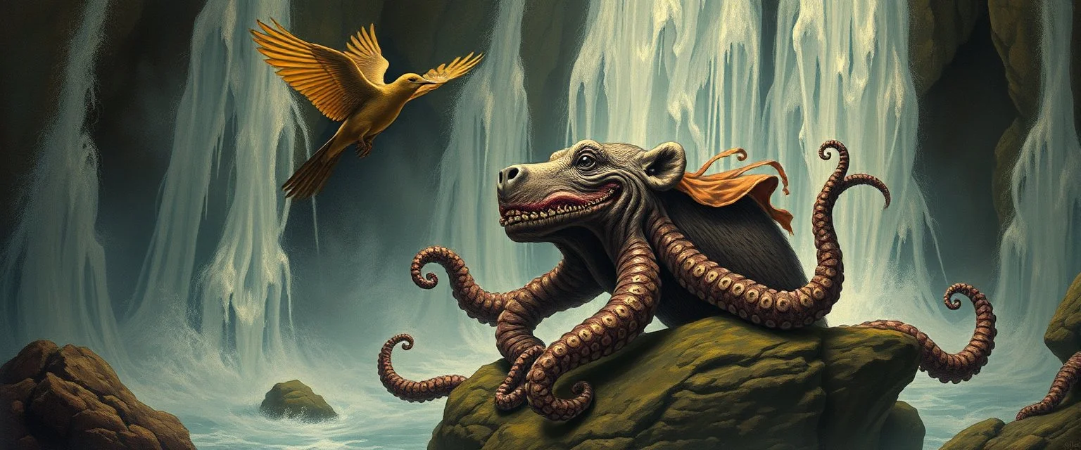octopus bird witch bear by waterfall looks beyond really powerful, fantasy illustration, in the style of Rembrandt and Escher