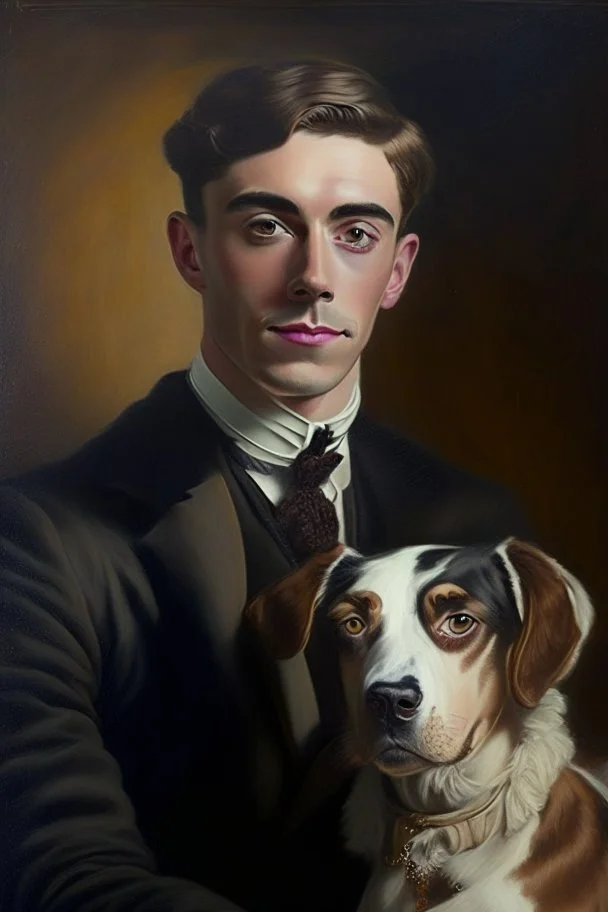 Make me a oil portrait of a very rich person that is 27 Years old from 1920 with a dog